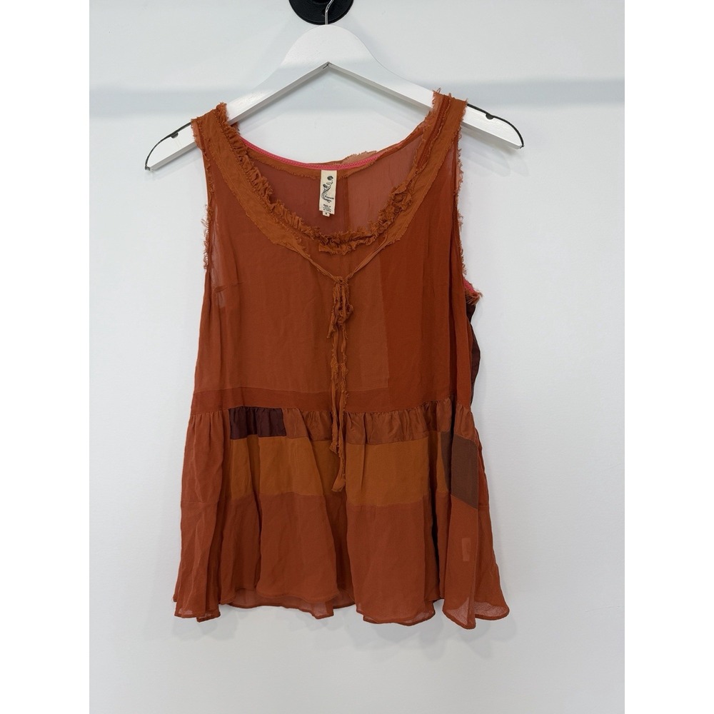 Floreat Anthropologie 100% Silk M Sheer Raw Edge Patchwork Boho Peasant Top
